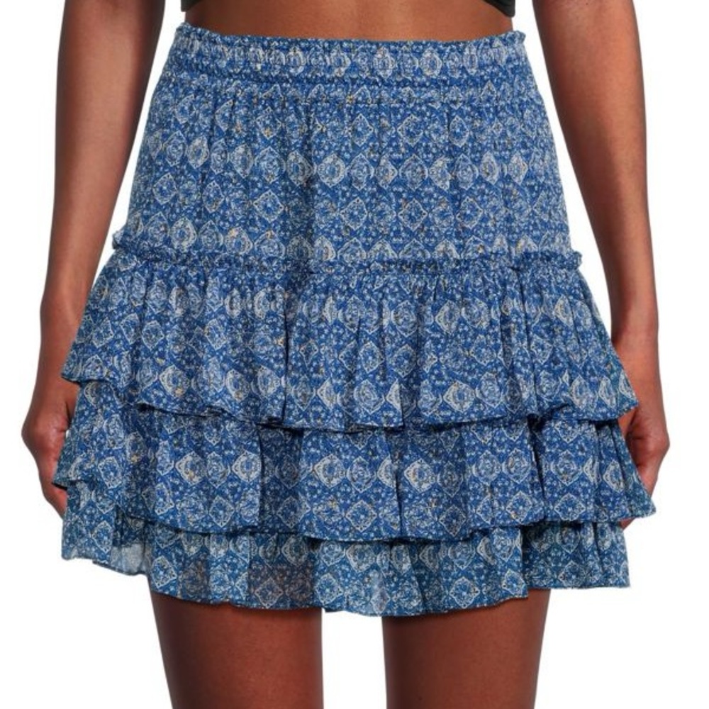 Misa Los Angeles Marina Tiered Floral Mini Skirt in Blue